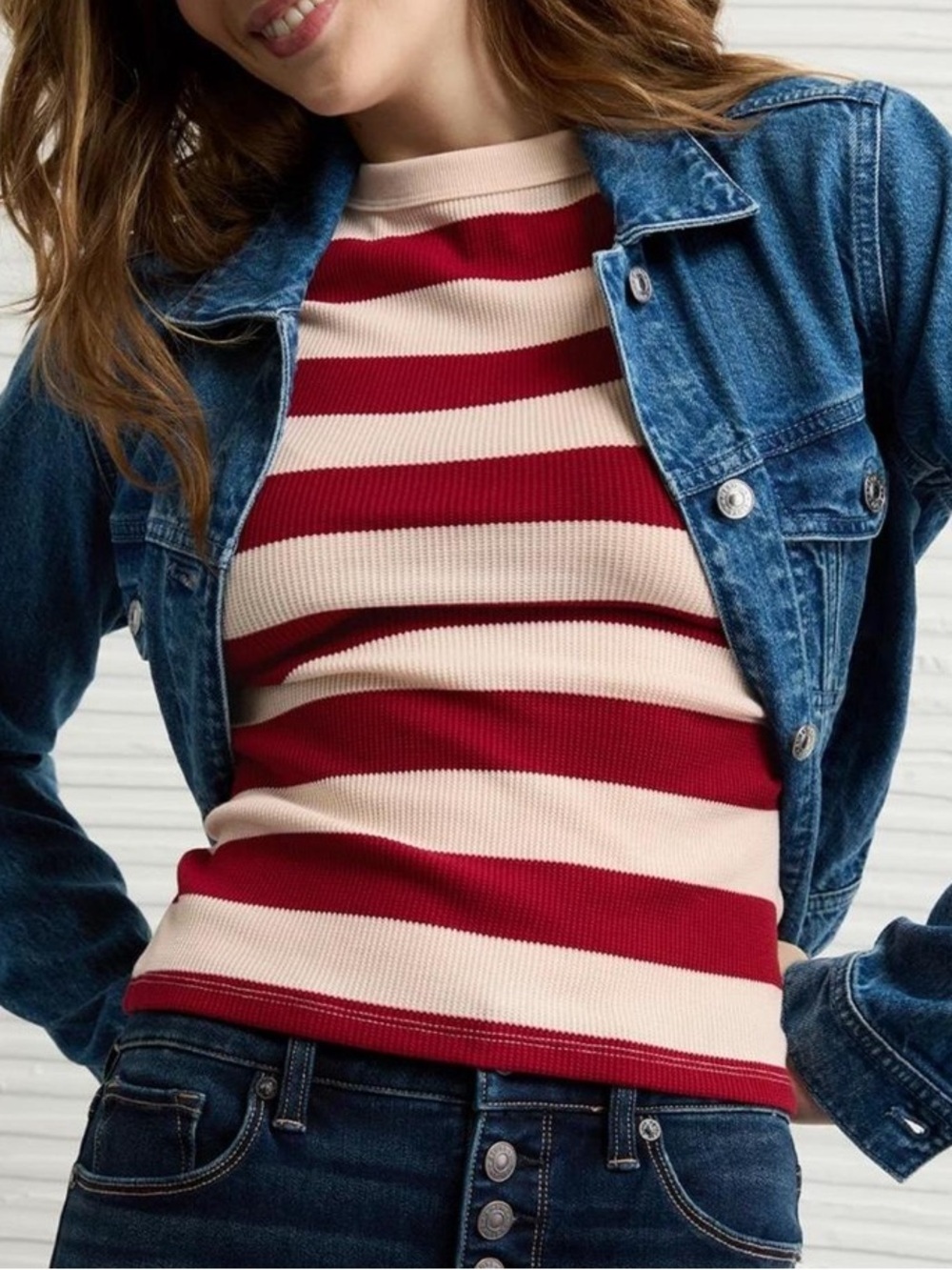 American Eagle Outfitters Waffle Knit Red & Cream Striped Short Sleeve Tee NWOT
